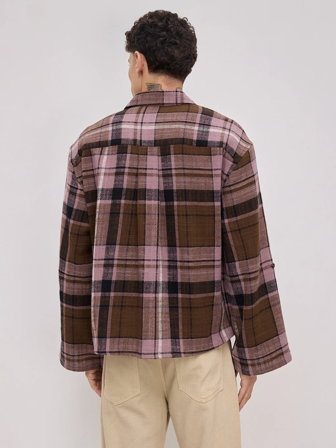 Luxe  Brown & Black Interlock Checks Cuffless Oversized Crop Shirt