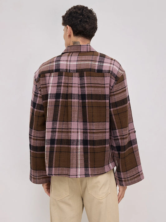 Luxe  Brown & Black Interlock Checks Cuffless Oversized Crop Shirt