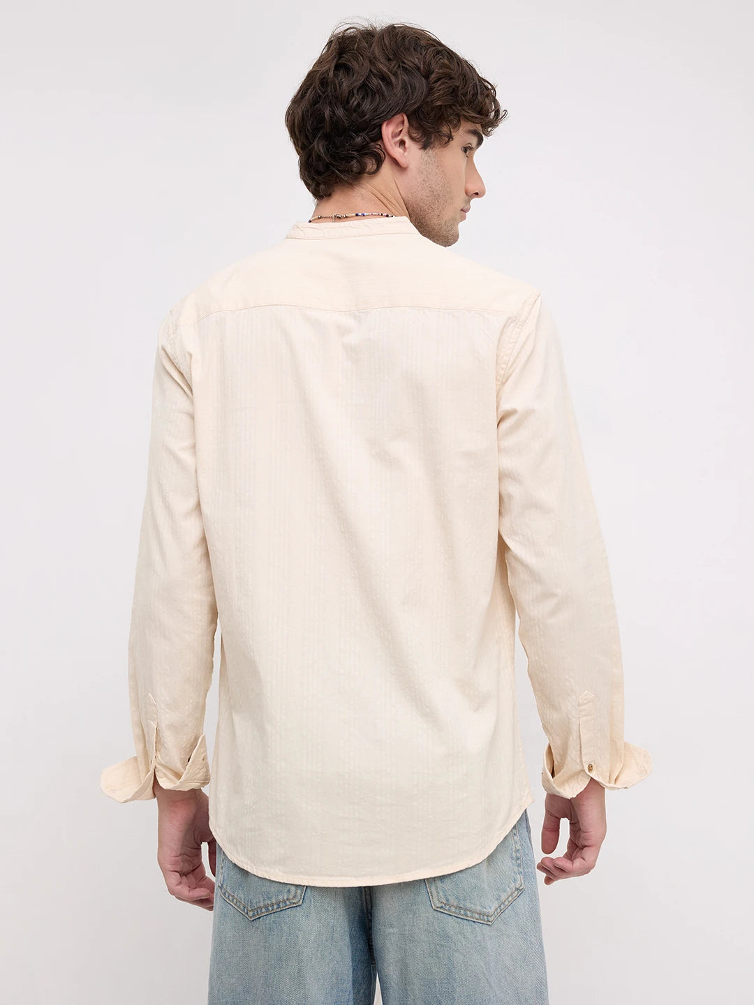 Bisque Beige Seersucker Striped Mandarin Shirt