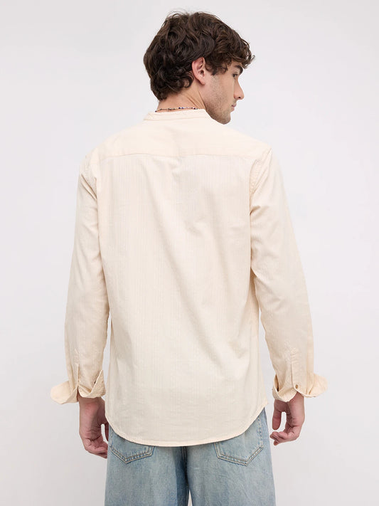 Bisque Beige Seersucker Striped Mandarin Shirt