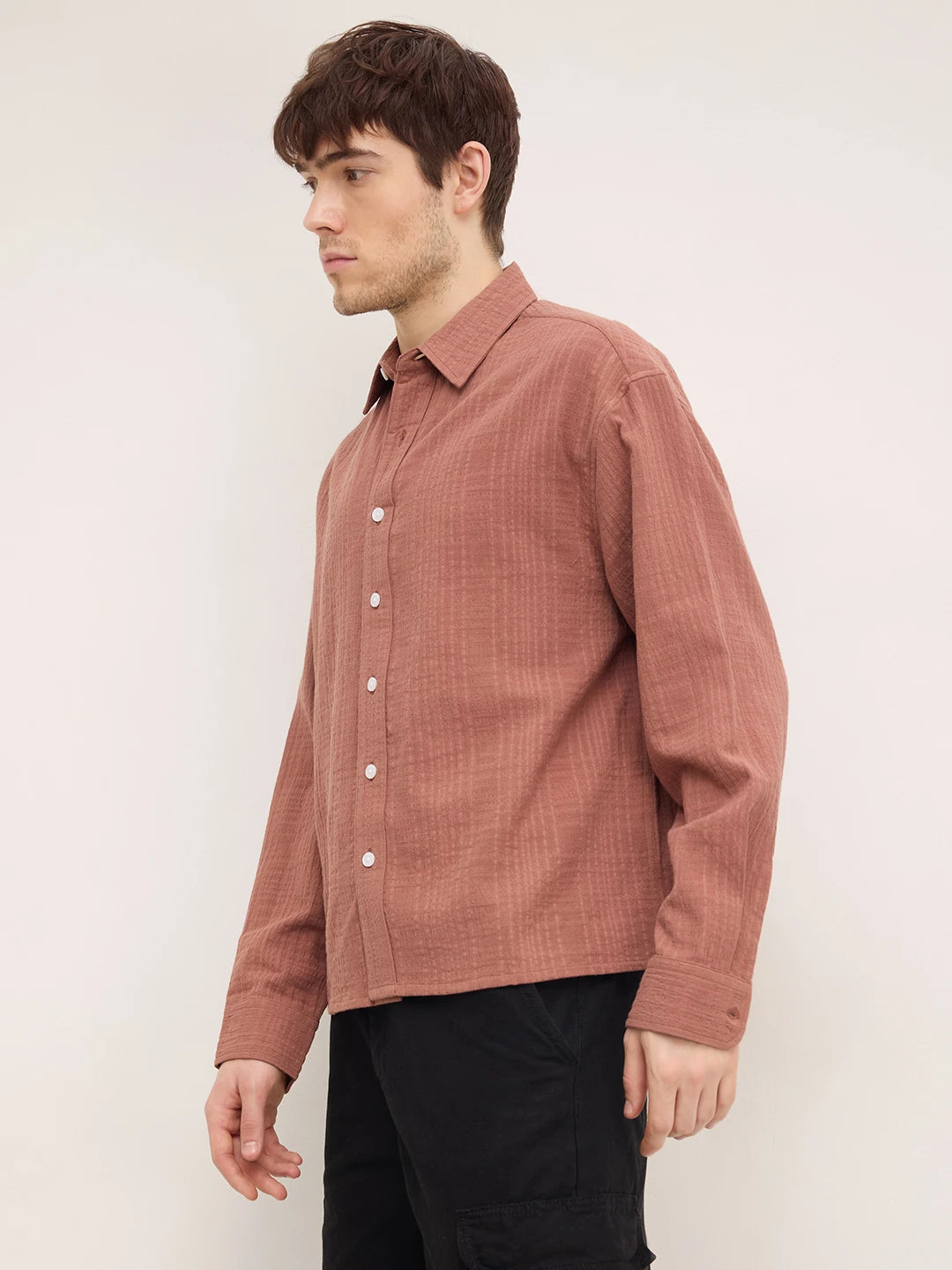 Rust Chestnut Brown Double Cloth Boxy Fit Crop Shirt
