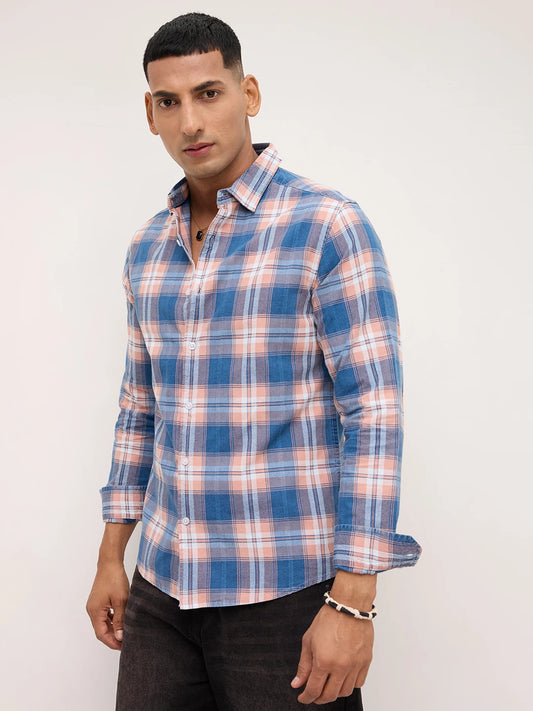 Premium Powder Blue Field Checks Denim Jacquard Shirt