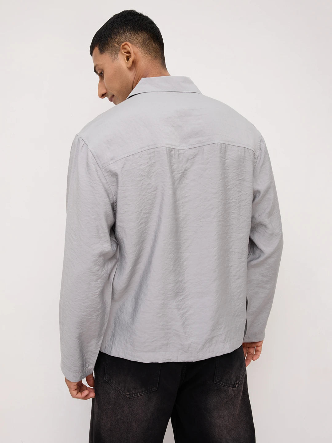 Refined Mist Grey Textured Oversized Notch Collar Shirt