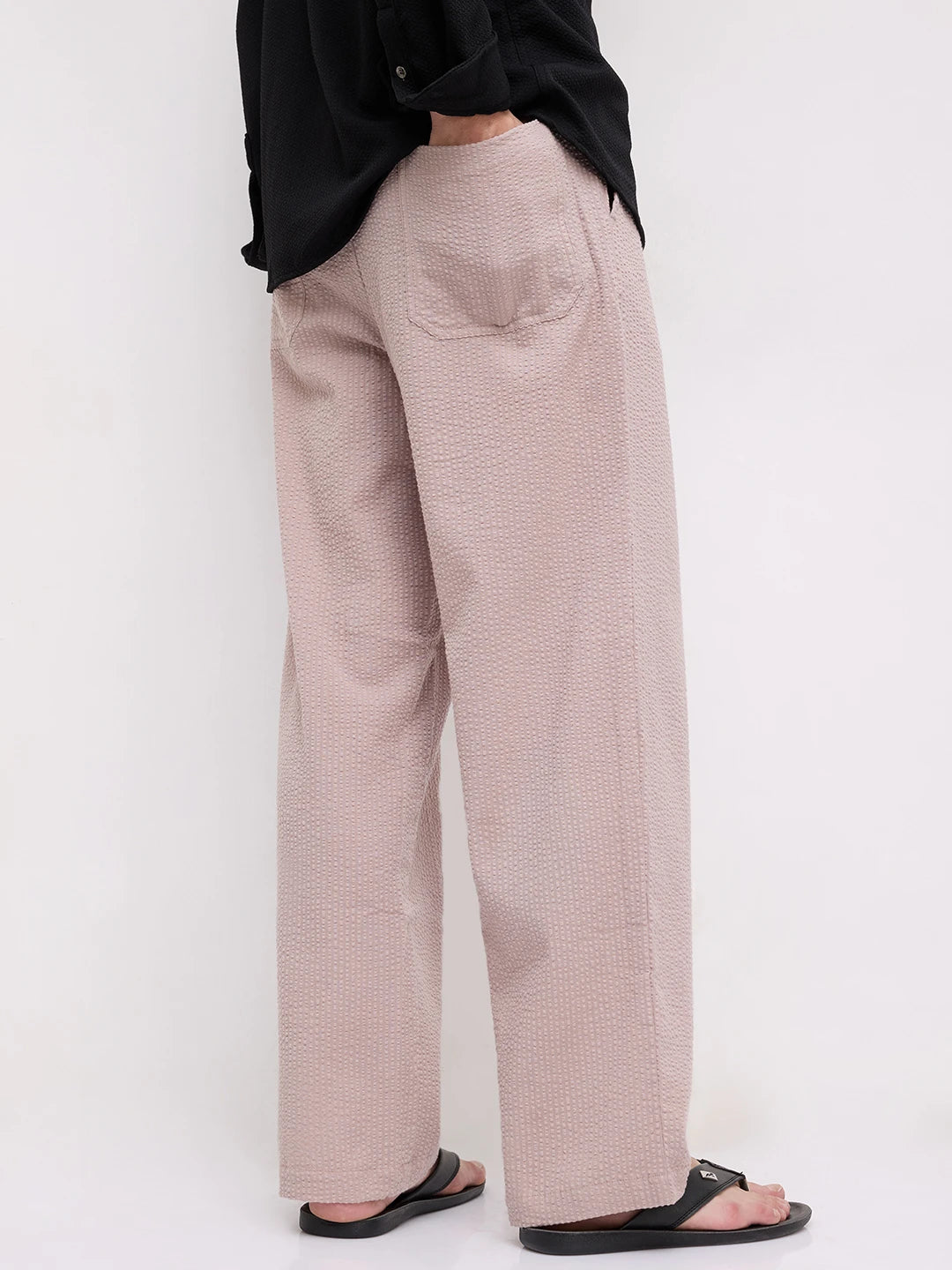 French Beige Seersucker Straight Fit Trousers