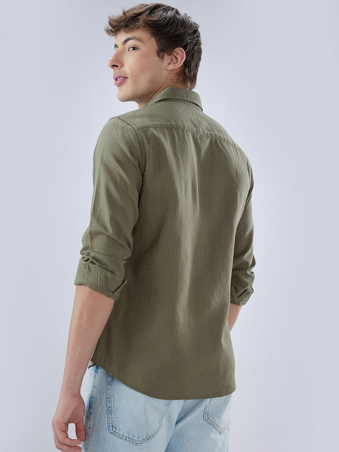 Olive Open Weave Refined Textured Checks Shirt