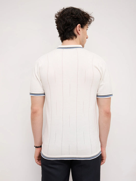 White Ribline Contrast Polo Flat Knit T-Shirt