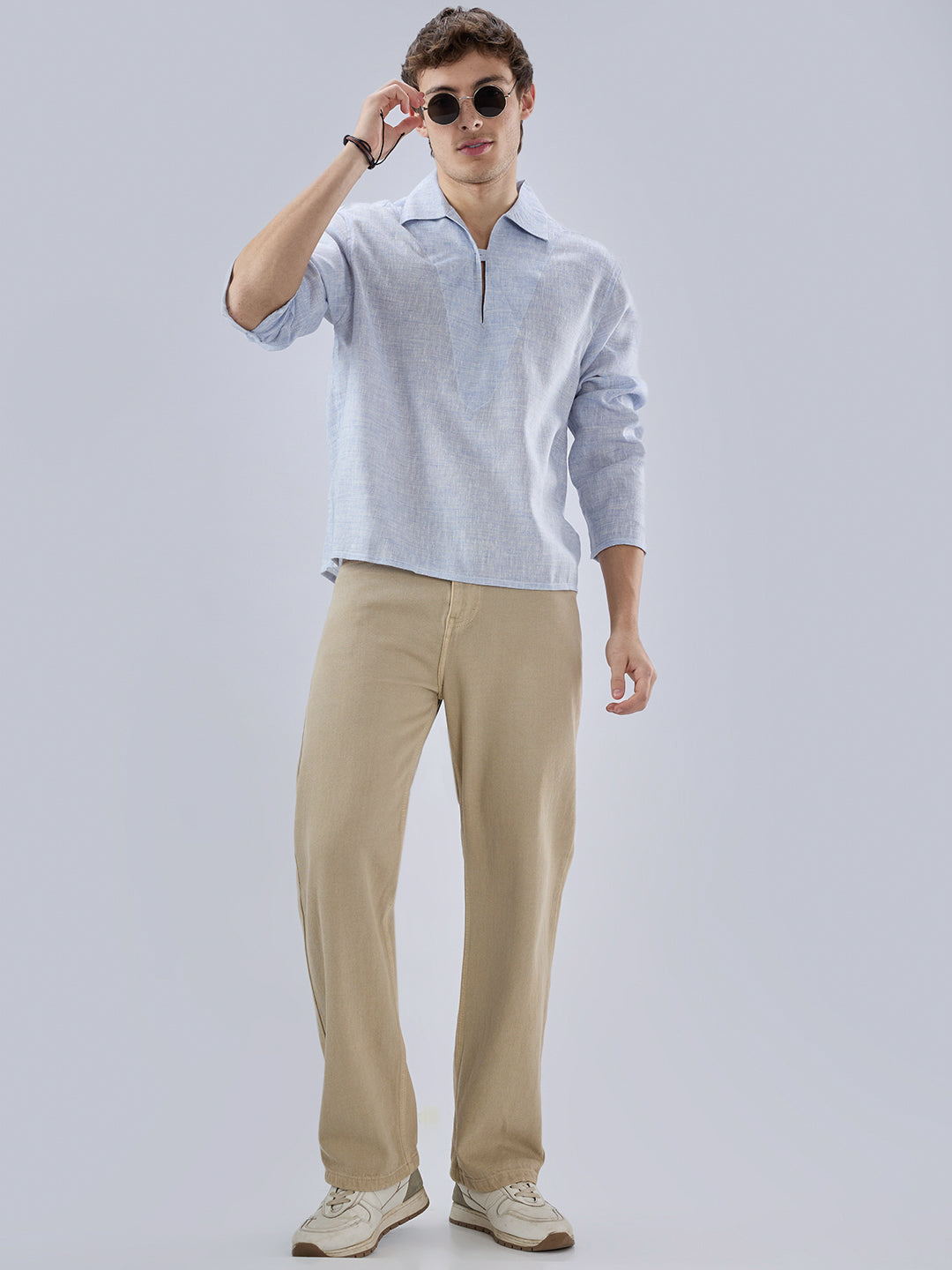 Sky Blue Textured Cuffless Oversized Shirt