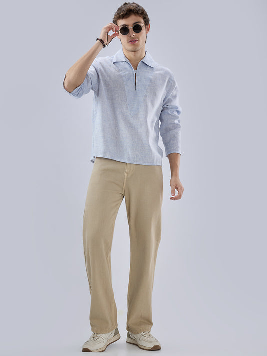 Sky Blue Textured Cuffless Oversized Shirt