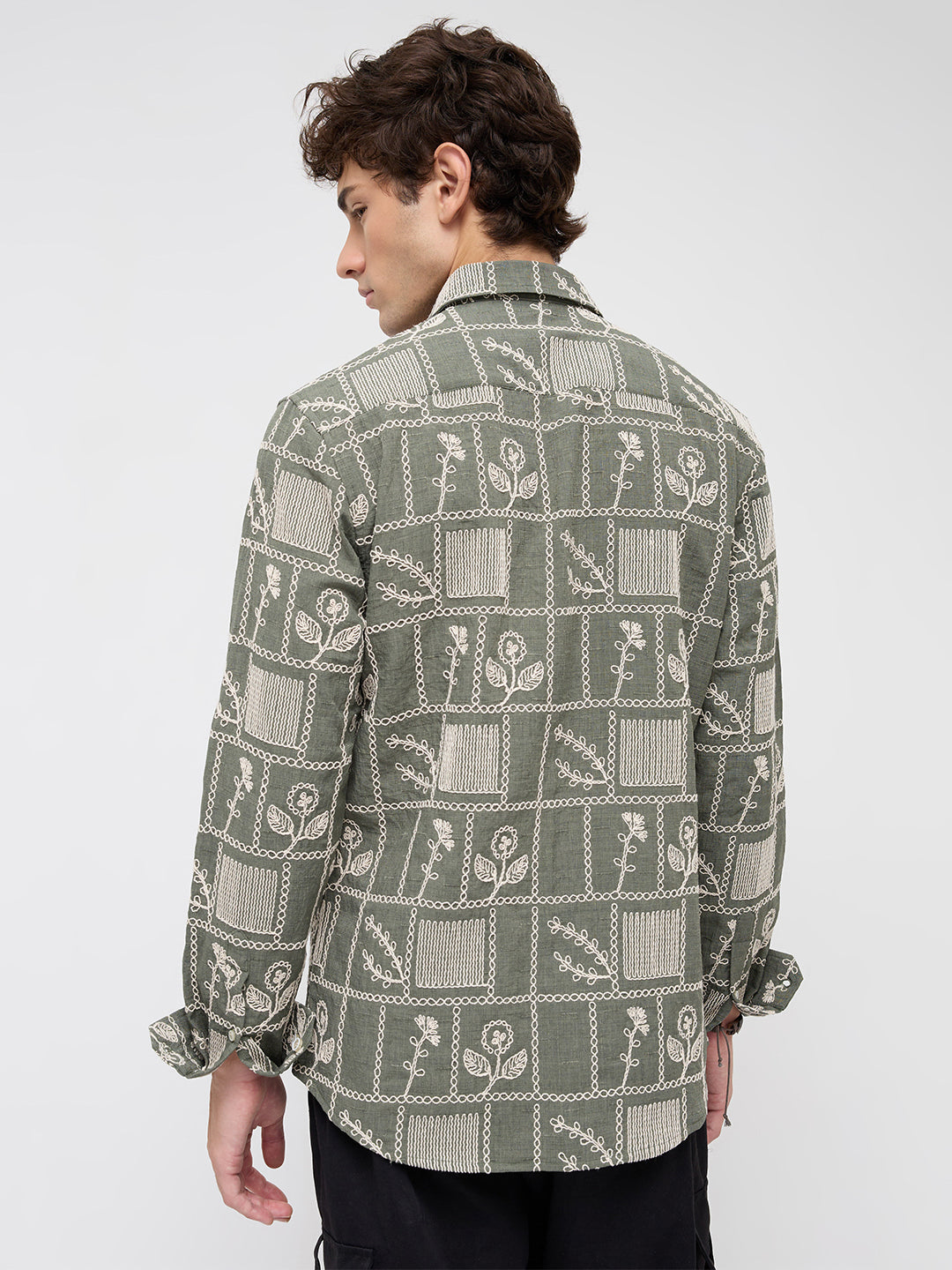 Olive Artisan Frame Embroidered Slub Shirt