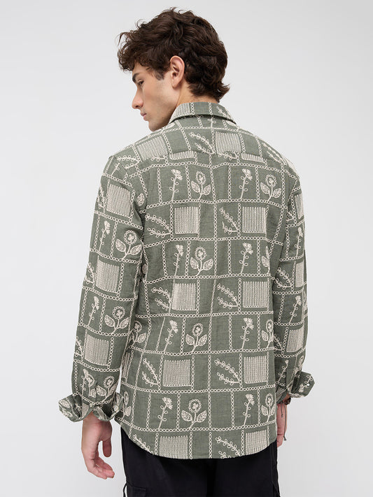 Olive Artisan Frame Embroidered Slub Shirt