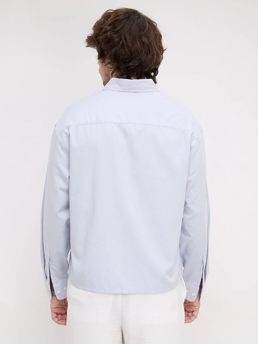 Ice Blue Herringbone Textured Boxy Fit Crop Shirt