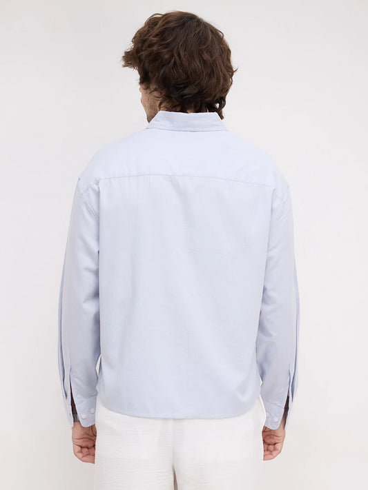Ice Blue Herringbone Textured Boxy Fit Crop Shirt