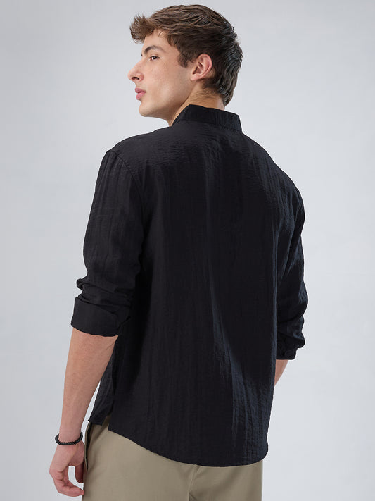 Ink Black Textured Stand Collar Oversized Shirt