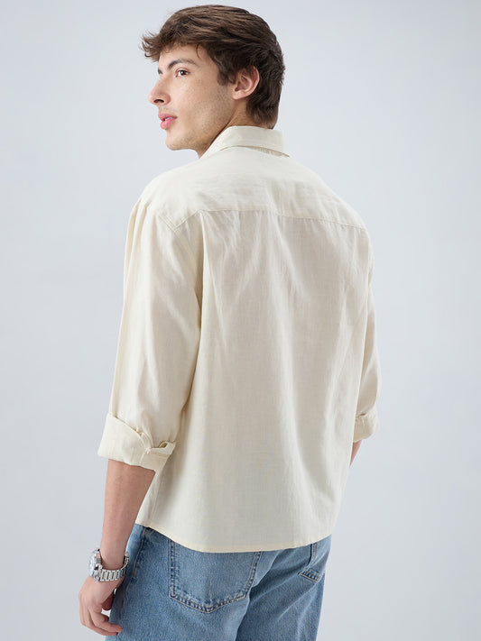 Luxe Off-White Fine Sheer Linen Blend Boxy Fit Crop Shirt