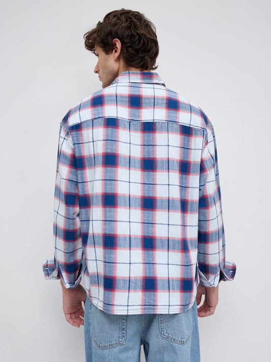 Denim Multi Tone Herringbone Checks Boxy Fit Crop Shirt