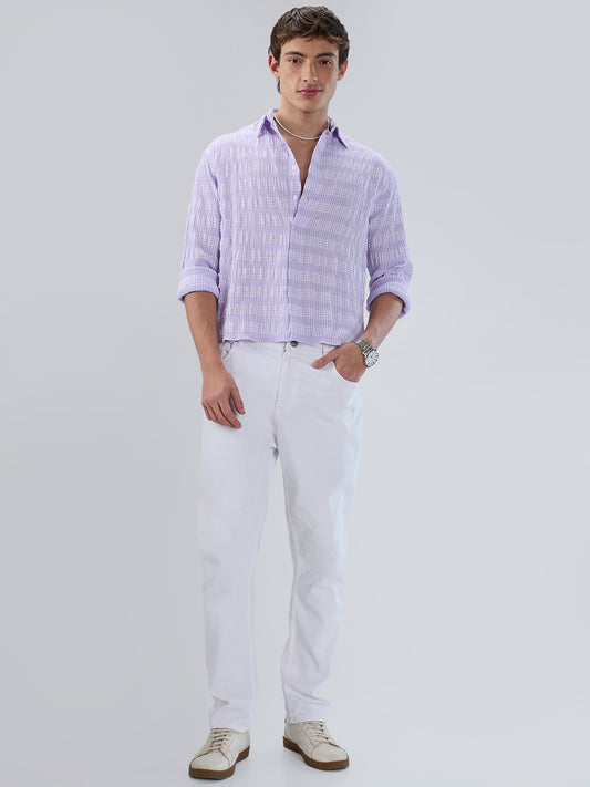 Purple Seersucker Gingham Checks Boxy Fit Crop Shirt