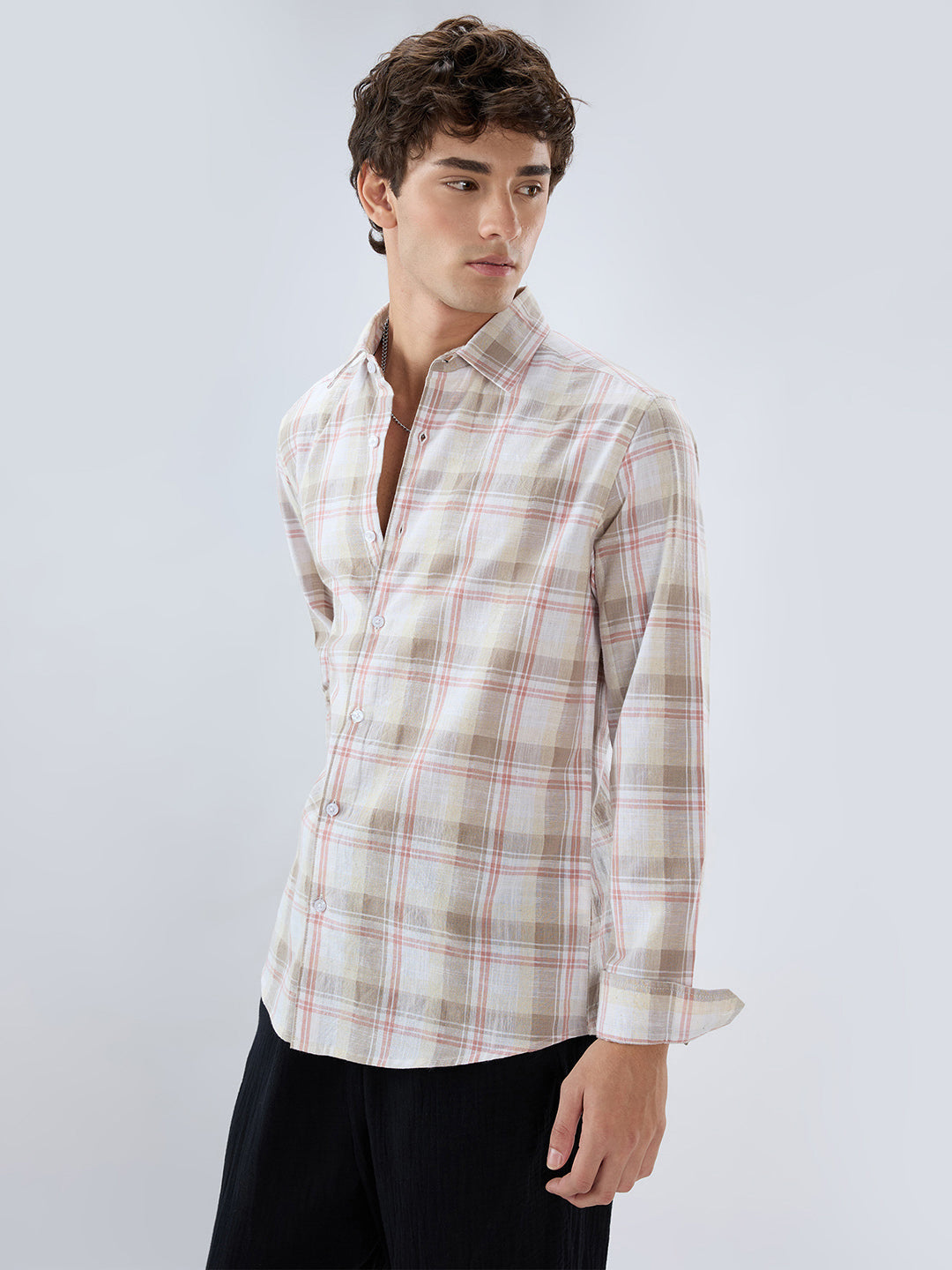 Pink & Brown Fine Weave Plaid Checks Shirt