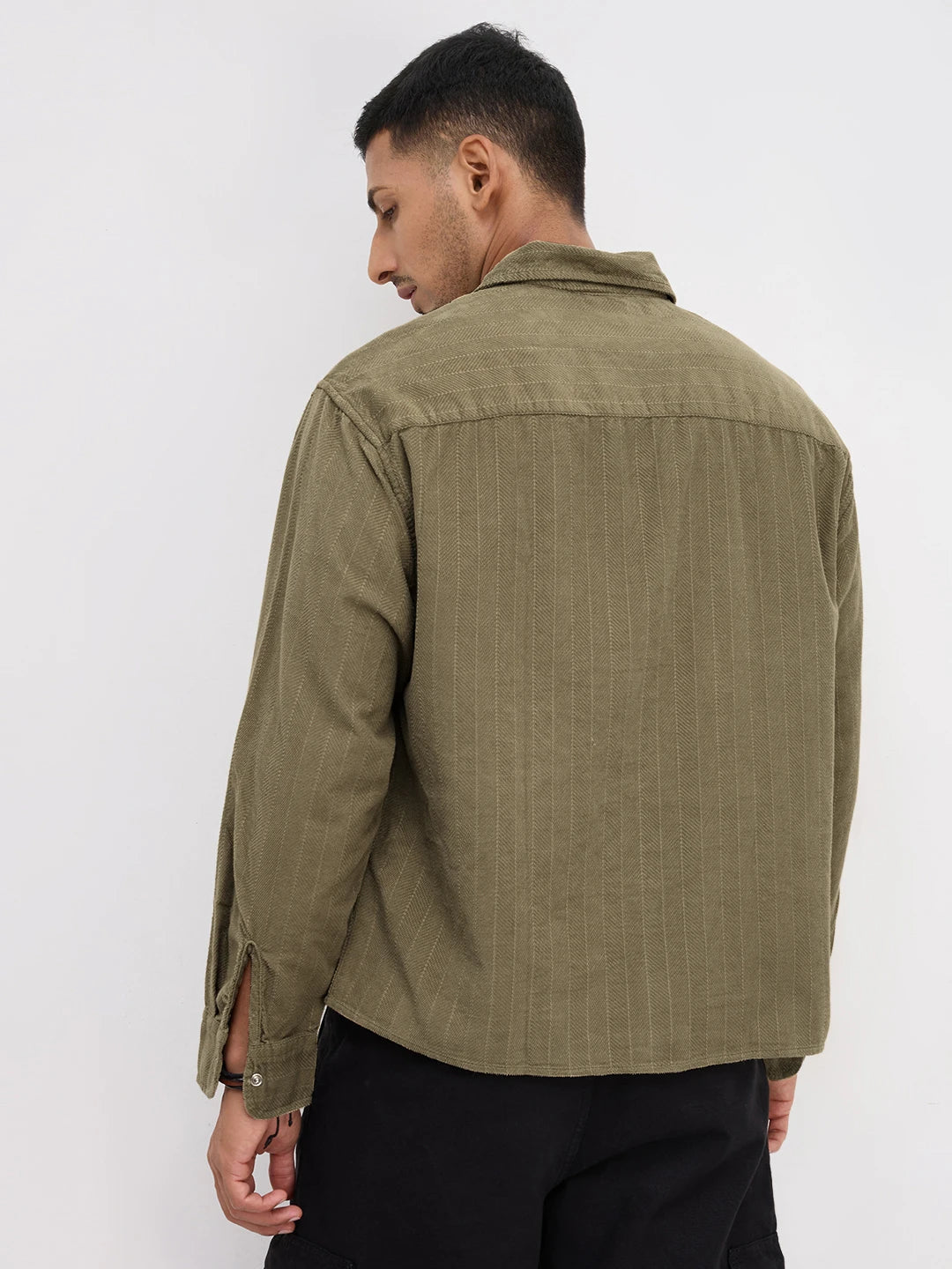 Luxe Olive Herringbone Corduroy Boxy Fit Crop Winter Shirt