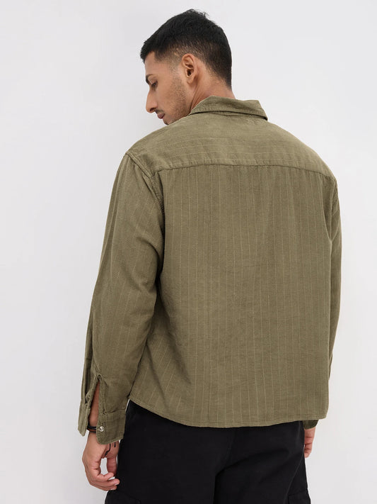 Luxe Olive Herringbone Corduroy Boxy Fit Crop Winter Shirt