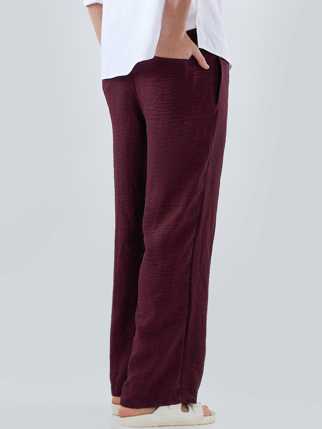 Maroon Slub Textured Wide-Leg Trousers