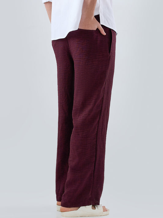 Maroon Slub Textured Wide-Leg Trousers