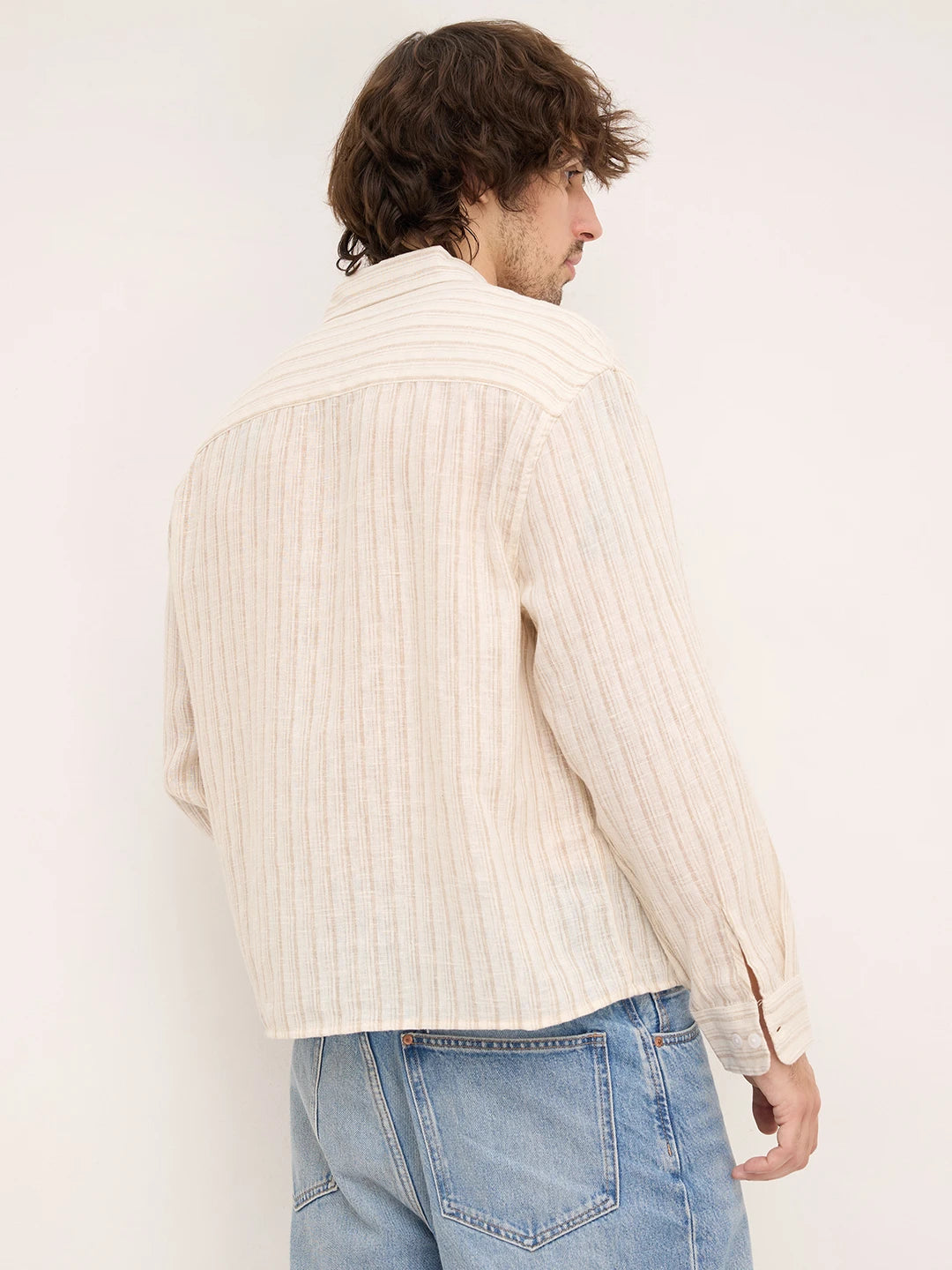 Off White Beige and Brown Striped Boxy Fit Crop Shirt
