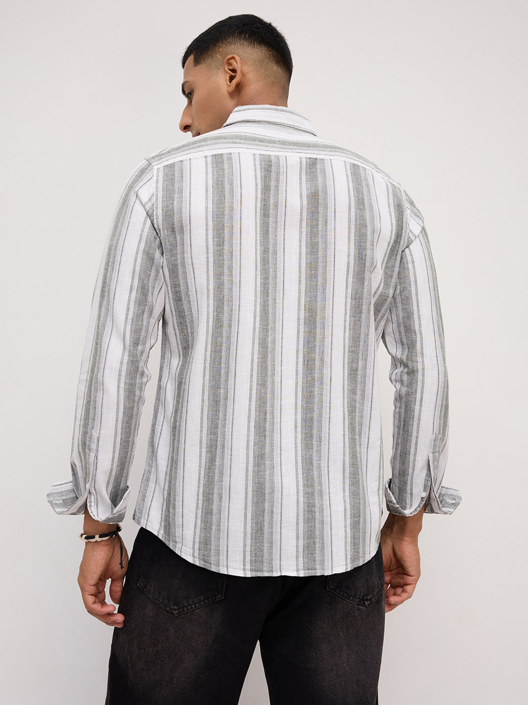 Ash Grey Shadow Striped Linen Blend Shirt