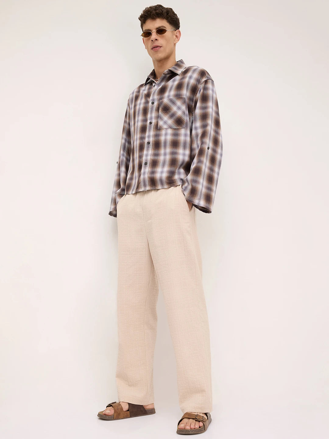 Luxe Brown Plaid Checks Cuffless Oversized Crop Shirt