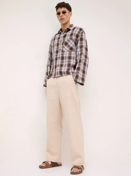 Luxe Brown Plaid Checks Cuffless Oversized Crop Shirt