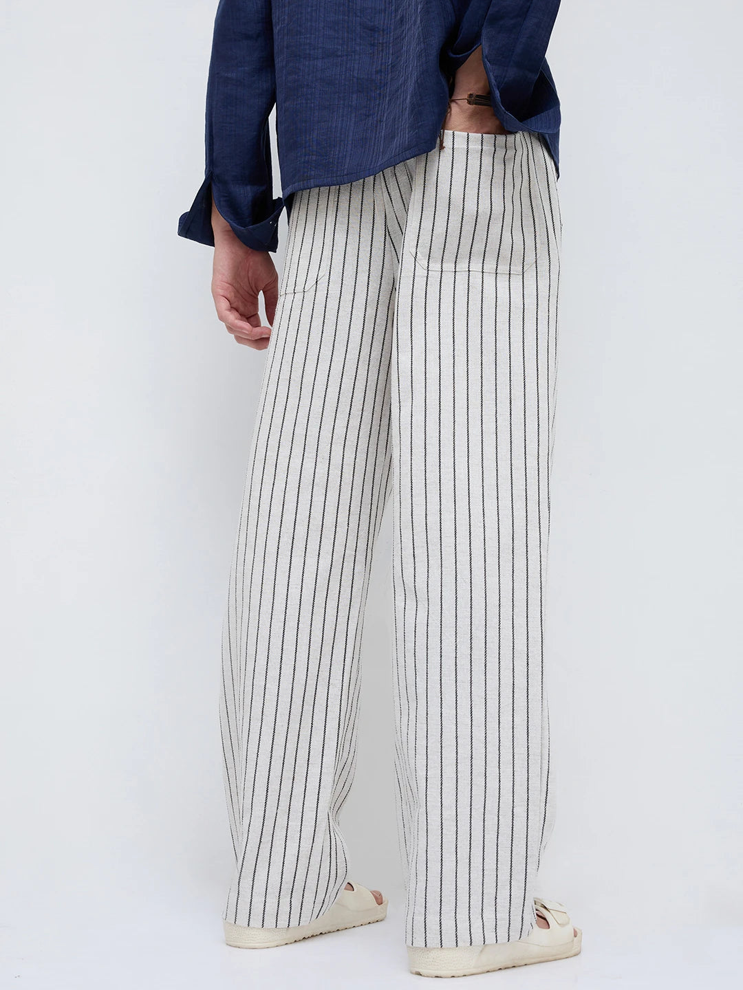 Artistic Ivory & Black Burlap Striped Straight Fit Trousers