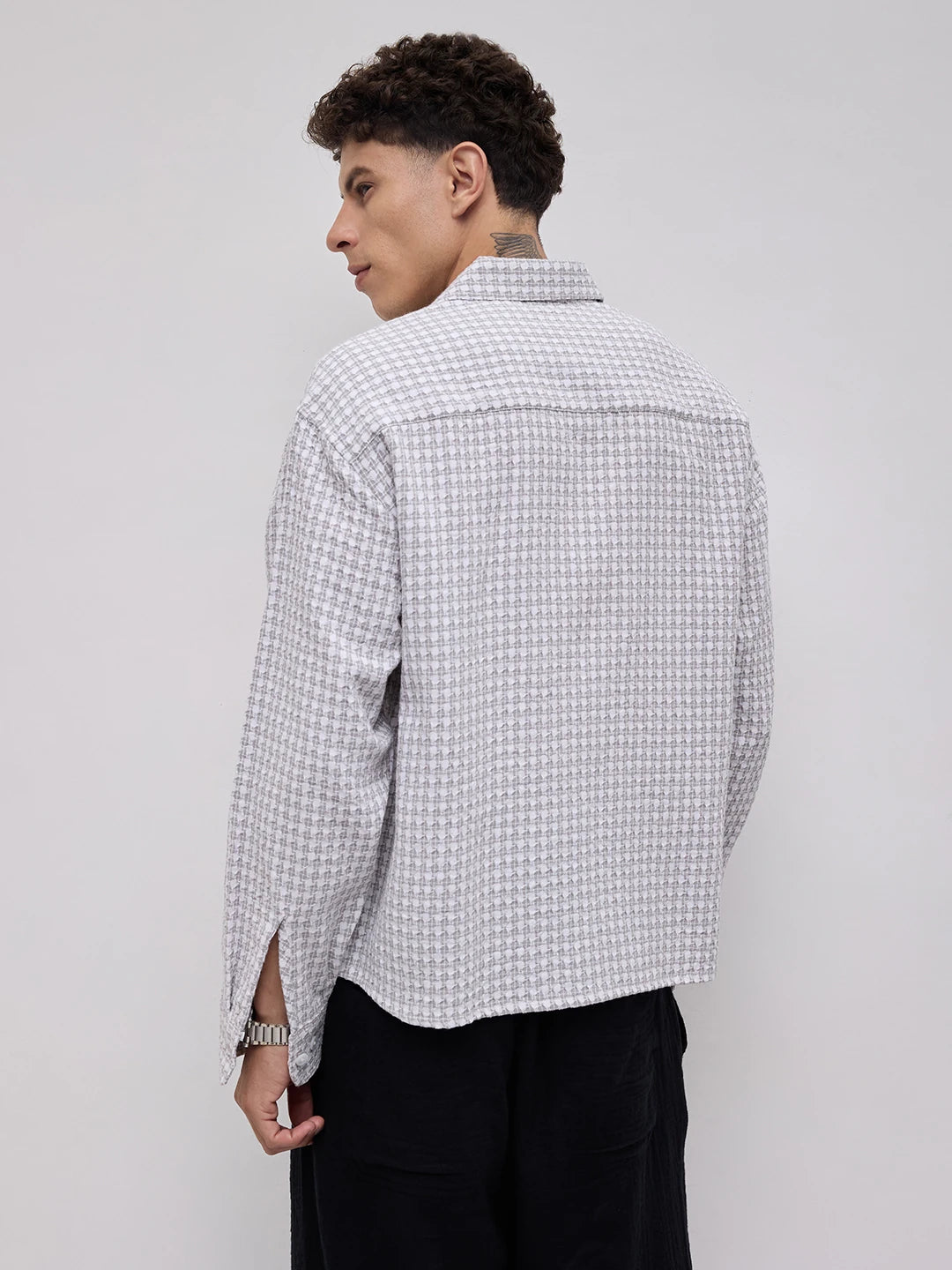 Glacier Grey Mosaic Textured Boxy Fit Crop Shirt