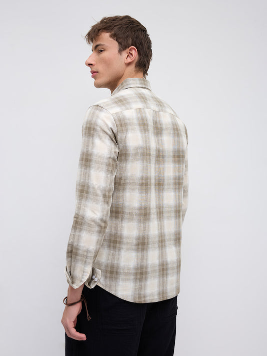 Premium Saddle Brown & White Plaid Linen Blend Checks Shirt