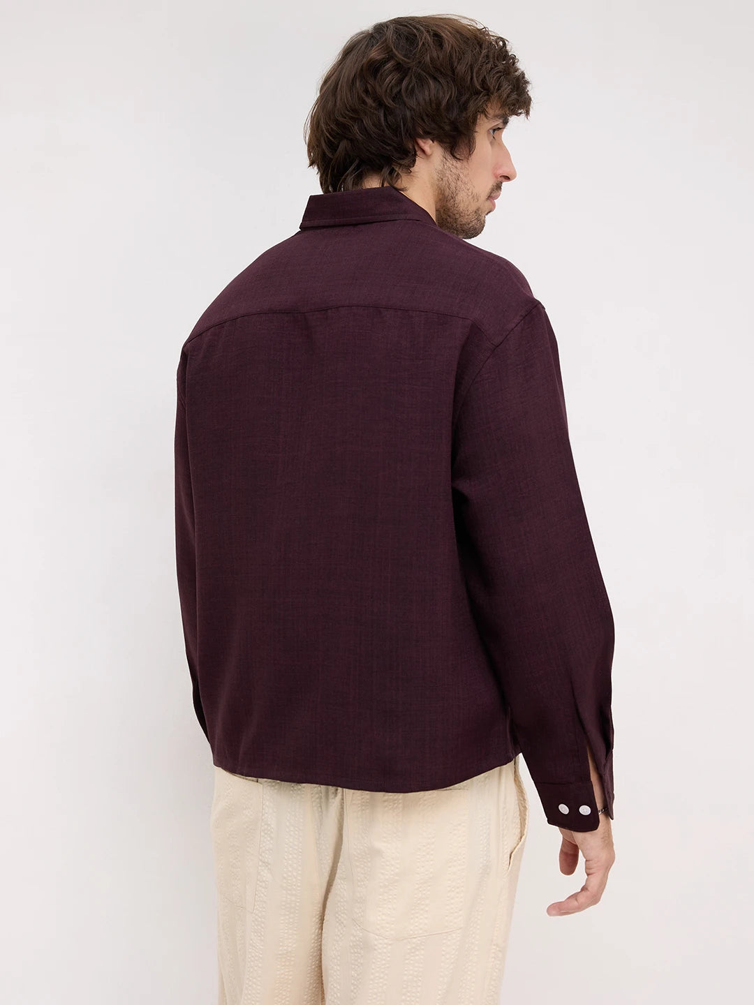 Opulent Wine Fine Textured Boxy Fit Crop Shirt