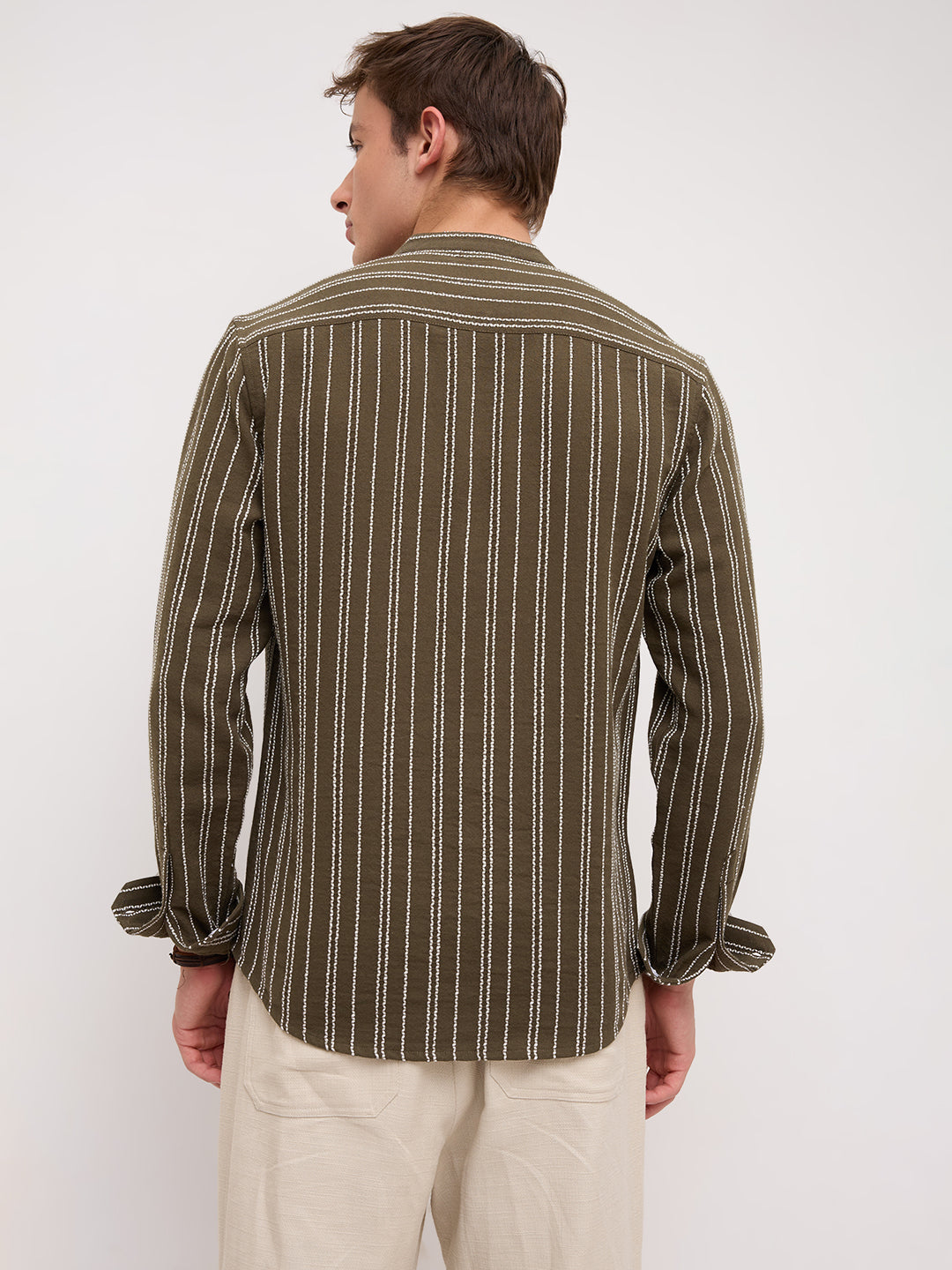 Olive & Ivory Striped Embroidered Mandarin Shirt