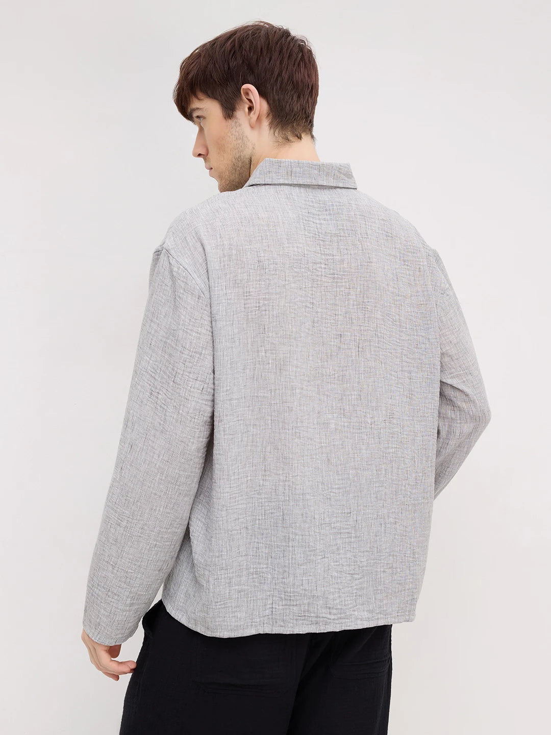 Refined Ash Grey Textured Center Seam Oversized Shirt