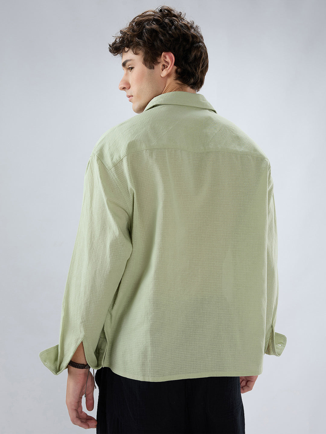 Sage Green Micro Weave Boxy Fit Crop Shirt