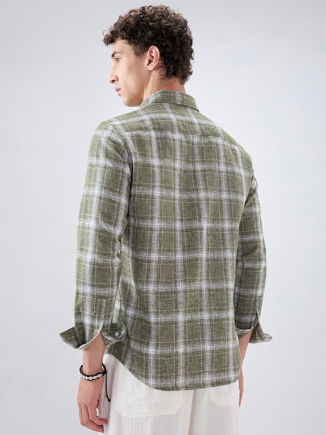 Olive Abstract Grid Checks Textured Shirt
