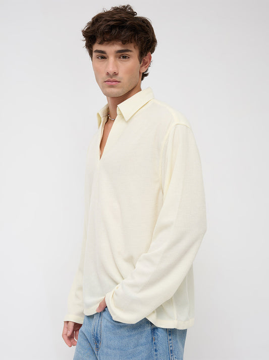 Butter Yellow Micro Weave Knitted Oversized Polo Shirt