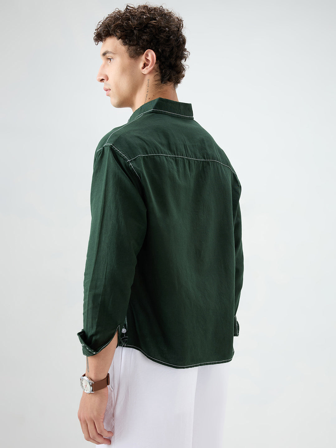Luxe Sacramento Green Contrast Stitch Linen Blend Boxy Fit Crop Shirt