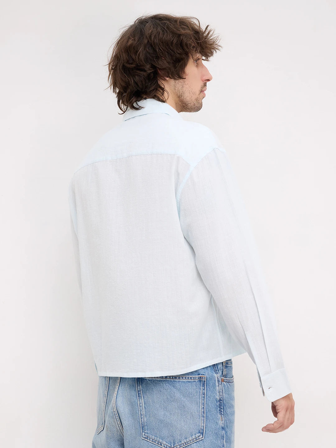 Ice Blue Fine Striped Textured Boxy Fit Crop Shirt
