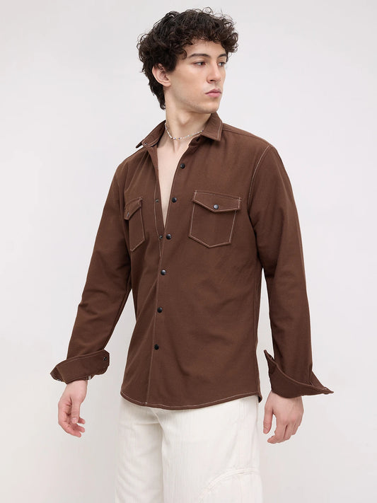 Hickory Brown Twin Pocket Knitted Overshirt