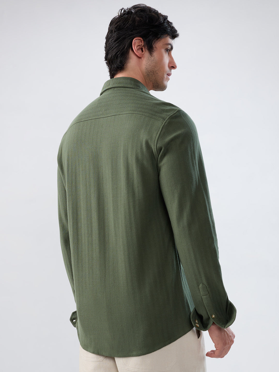 Olive Herringbone Textured Knitted Shirt