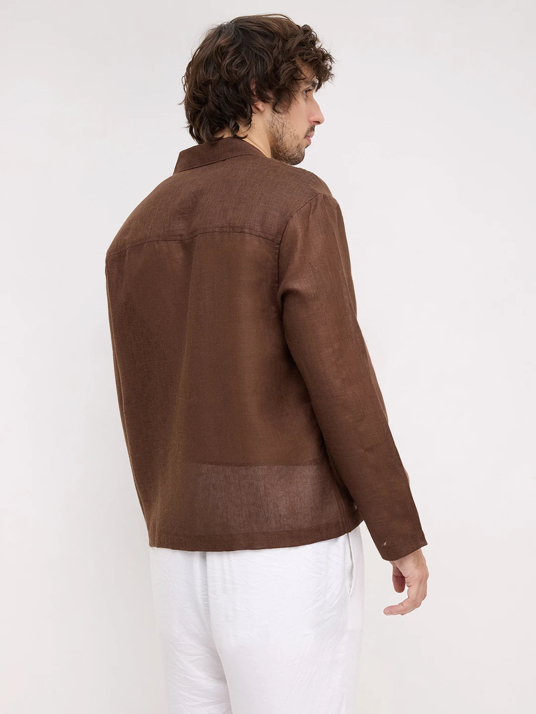 Coffee Brown Fine Textured Notch Collar Oversized Shirt