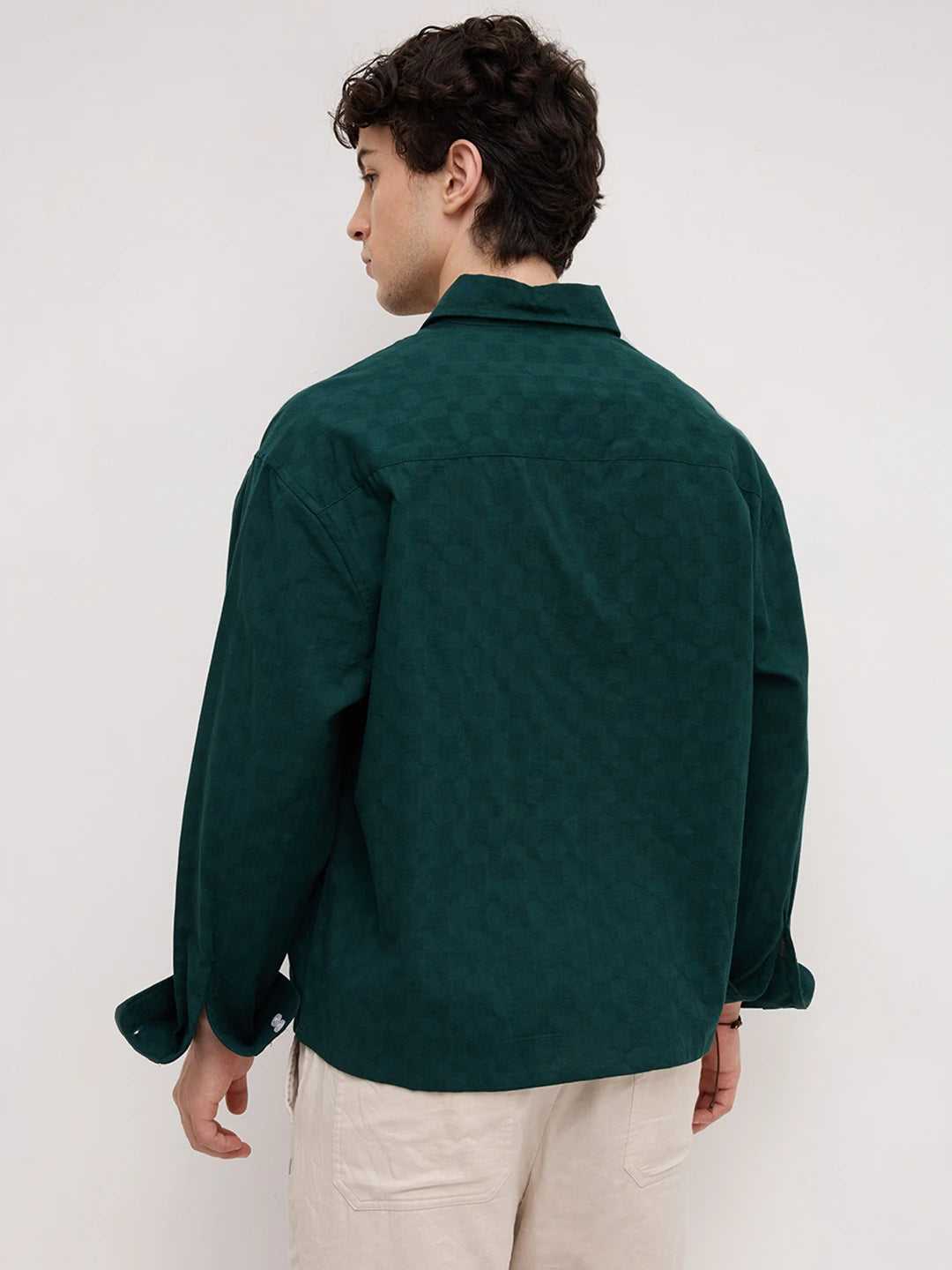 Emerald Green Square Weave Boxy Fit Crop Shirt