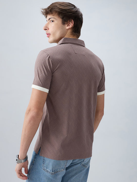 Liver Brown Chevron Contrast Polo Neck T-shirt