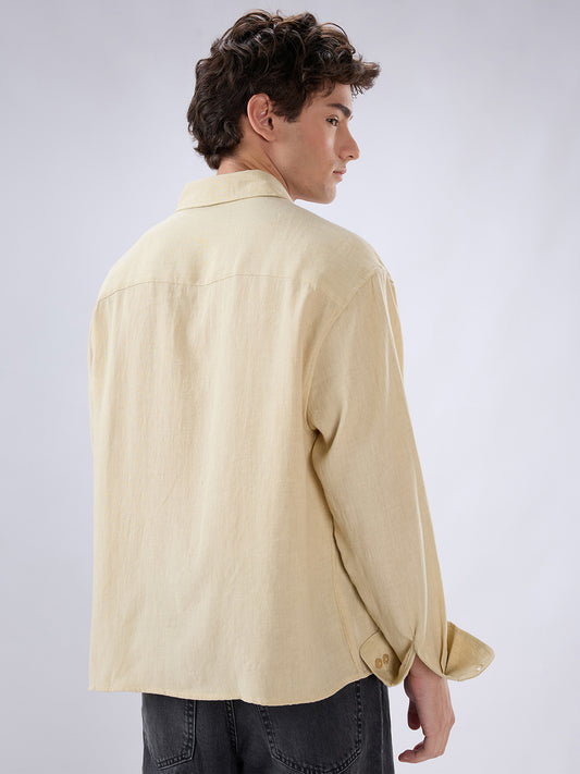 Sunwash Beige Slub Textured Boxy Fit Crop Shirt