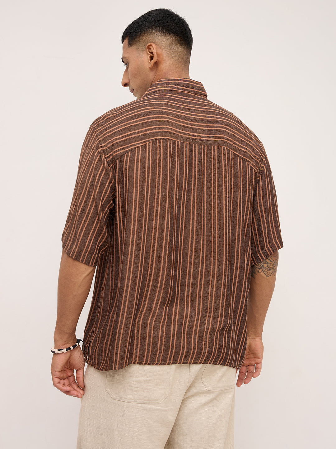 Brown Dobby Striped Oversized Polo Shirt