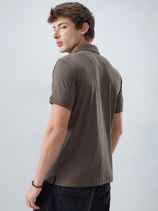Refined Espresso Brown Hairline Striped Polo Knit T-Shirt