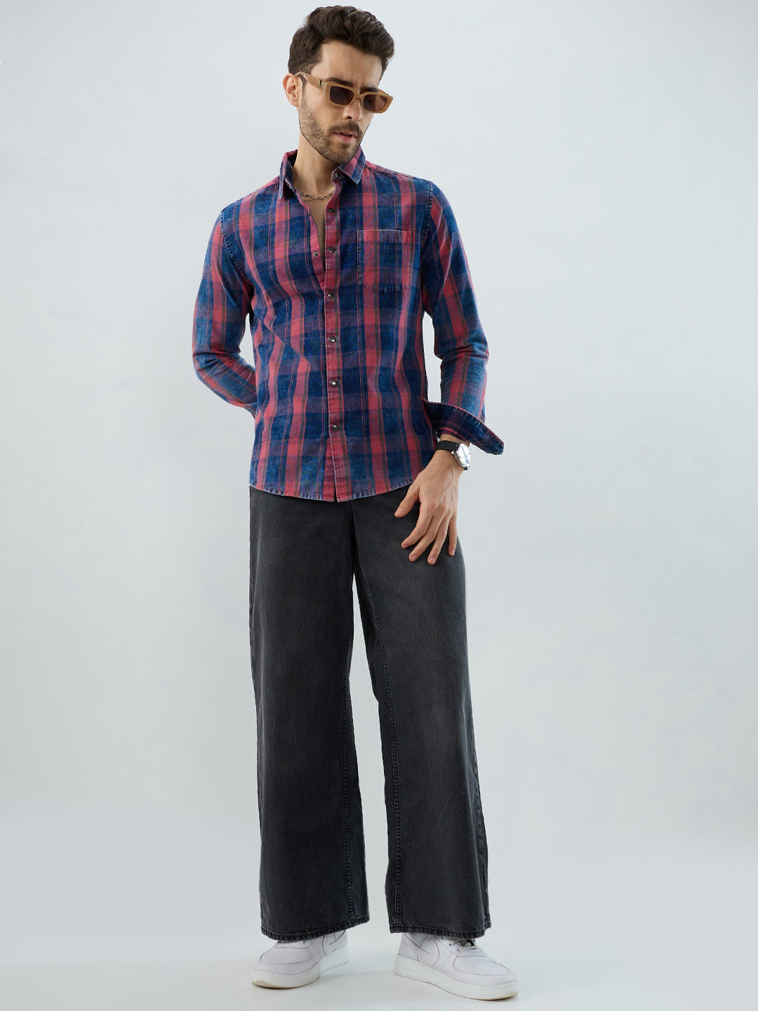 Elegant Navy & Desire Red Denim Plaid Checks Shirt
