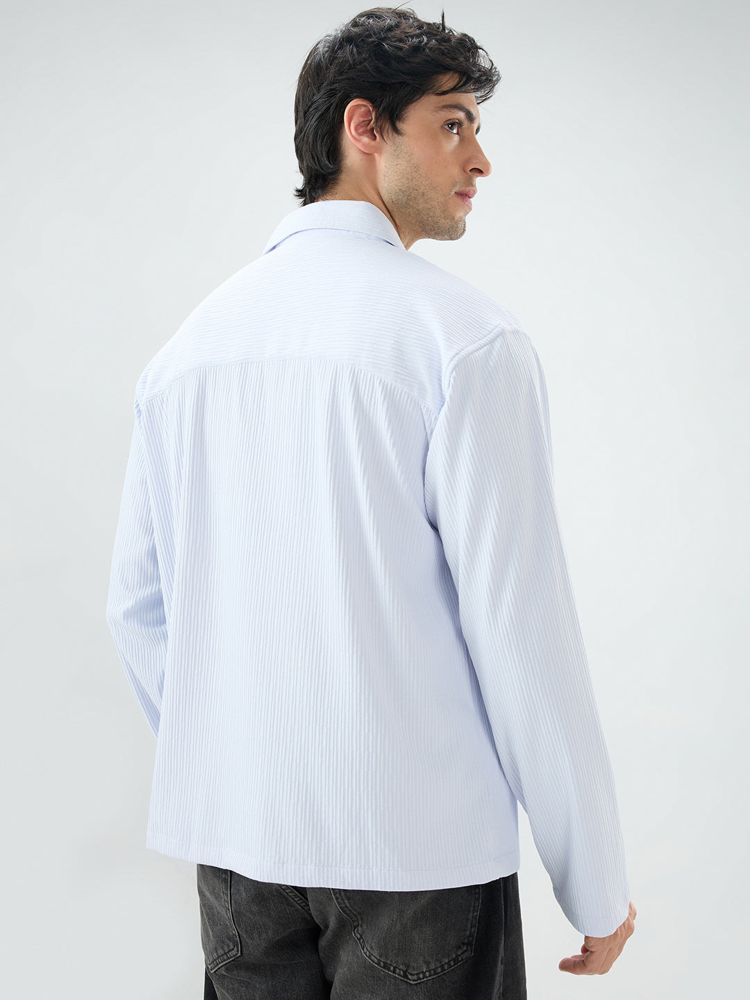Soft Blue Precision Rib Striped Oversized Polo Knitted Shirt
